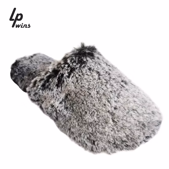 Scivoli in pelliccia sintetica pelosa di lusso a buon mercato per coniglietto da donna, Pantofole pelose piatte da donna all'ingrosso Scivoli in pelliccia rosa per interni in peluche